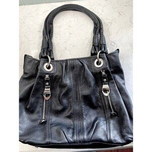 B Makowsky Black Leather Hobo Shoulder Bag Purse Large Leopard Interior WOW!